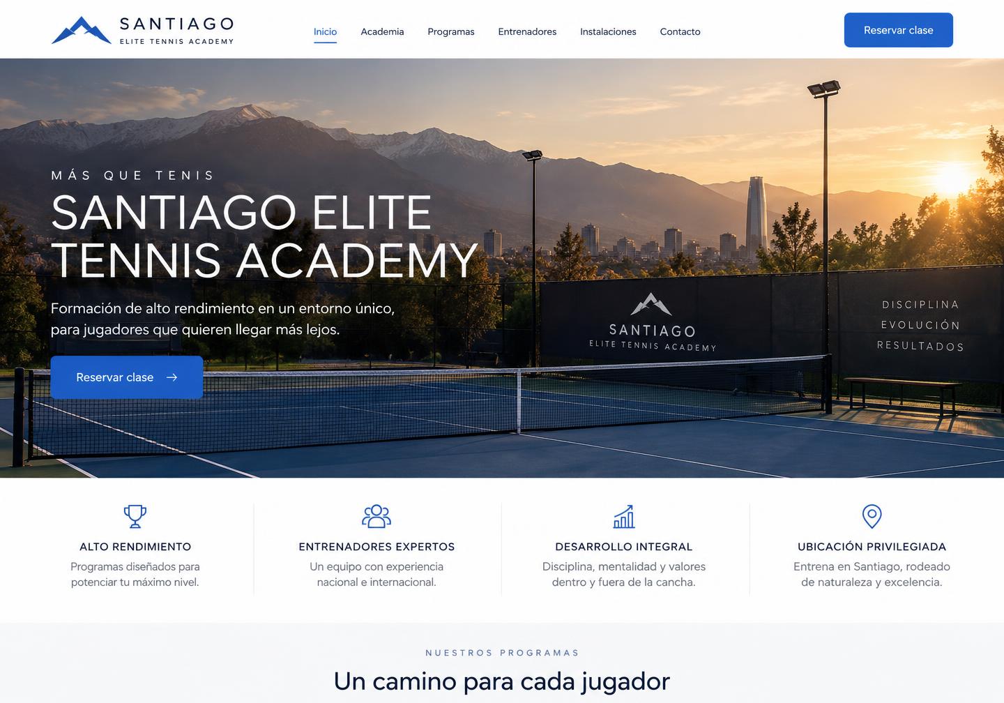 Vista del sitio web conceptual de Santiago Elite Tennis Academy